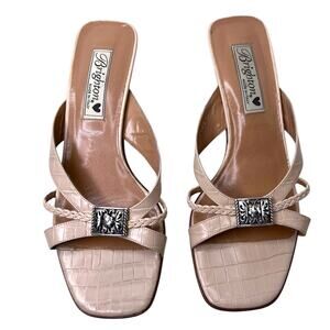 Brighton Kayla Leather Slide Sandals Moc Croc Strappy Beige 1" Heel W's 7.5M